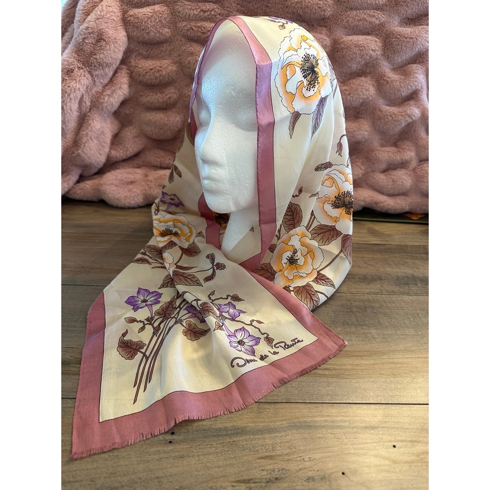 Vintage Oscar de la Renta 100% Silk Scarf Hand Rolled Edges Floral Pink